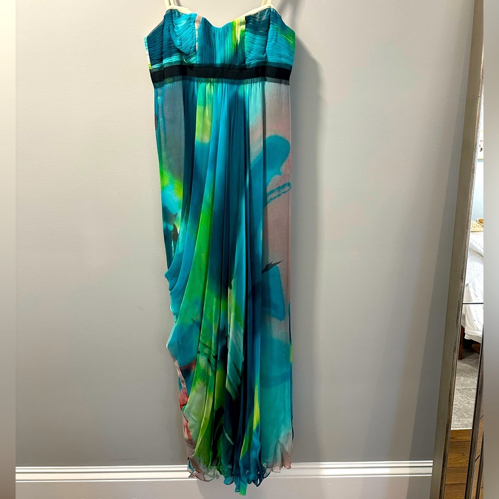 Silk BCBG strapless watercolor gown, Sz 8